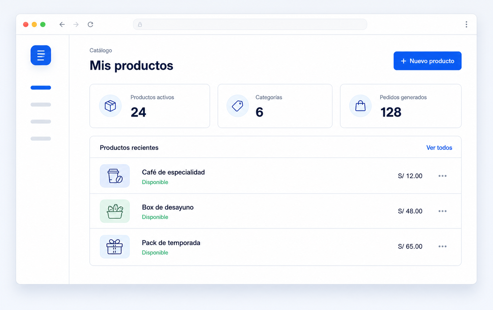 Panel de productos y pedidos
